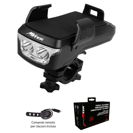 MVTEK Fanale Anteriore LED Portacellulare Power Bank Clacson 650LM USB Nero